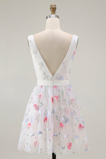 Sparkly Floral White V-Neck Backless A Line Sequin Homecoming Dress